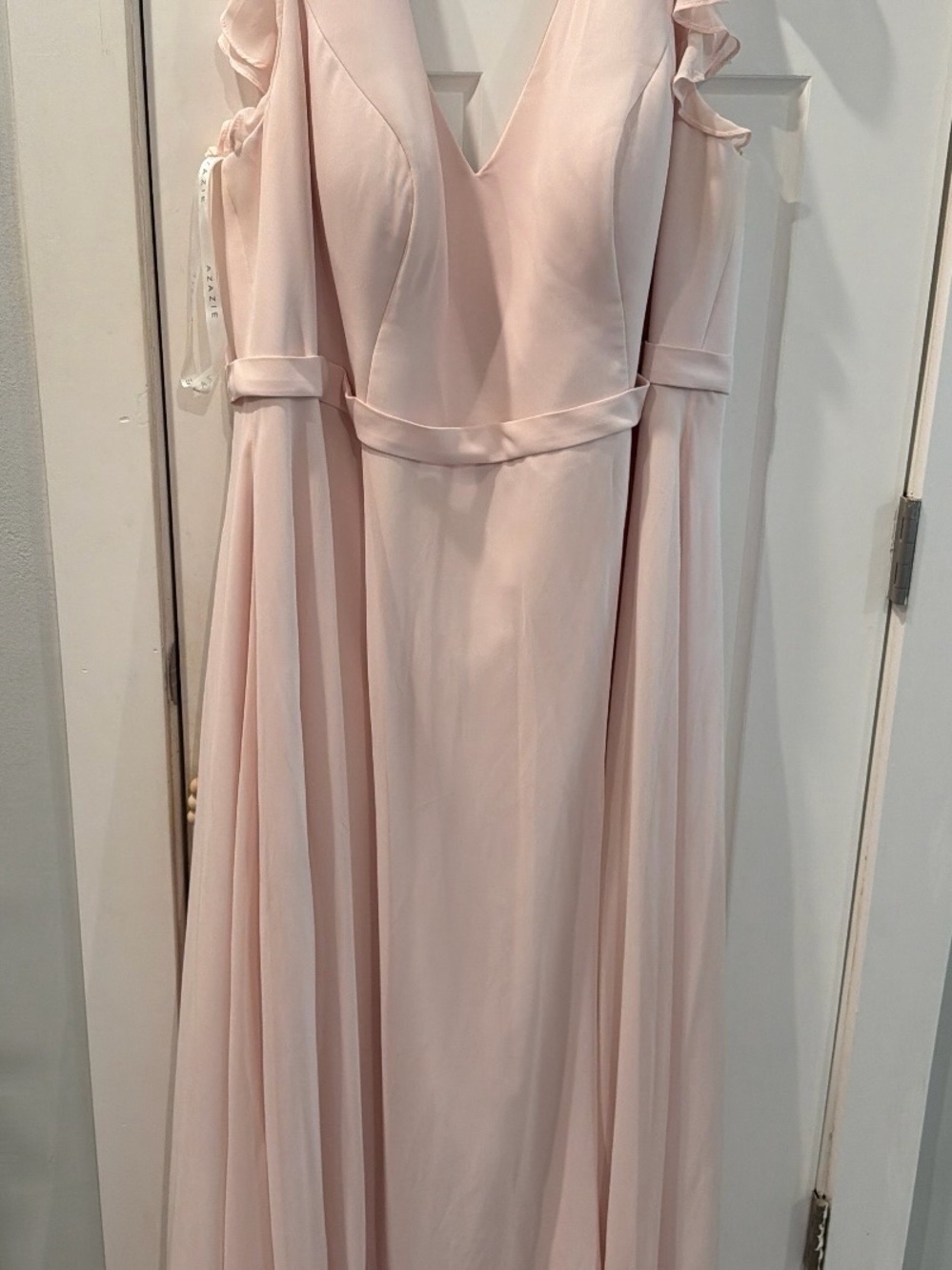 Azazie Blush Pink V-Neck Cold-Shoulder Prom Gown